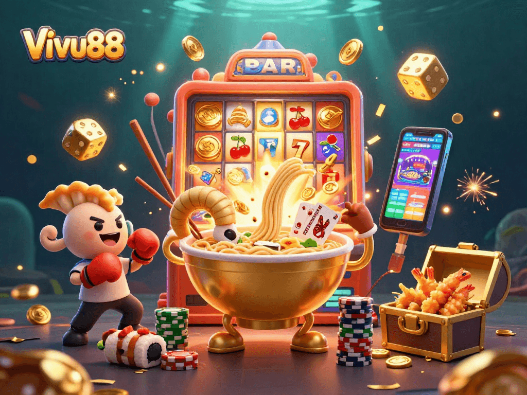 Experience the thrill of Vivu88 with a vibrant 3D casino scene filled with dynamic characters and energetic atmosphere.
