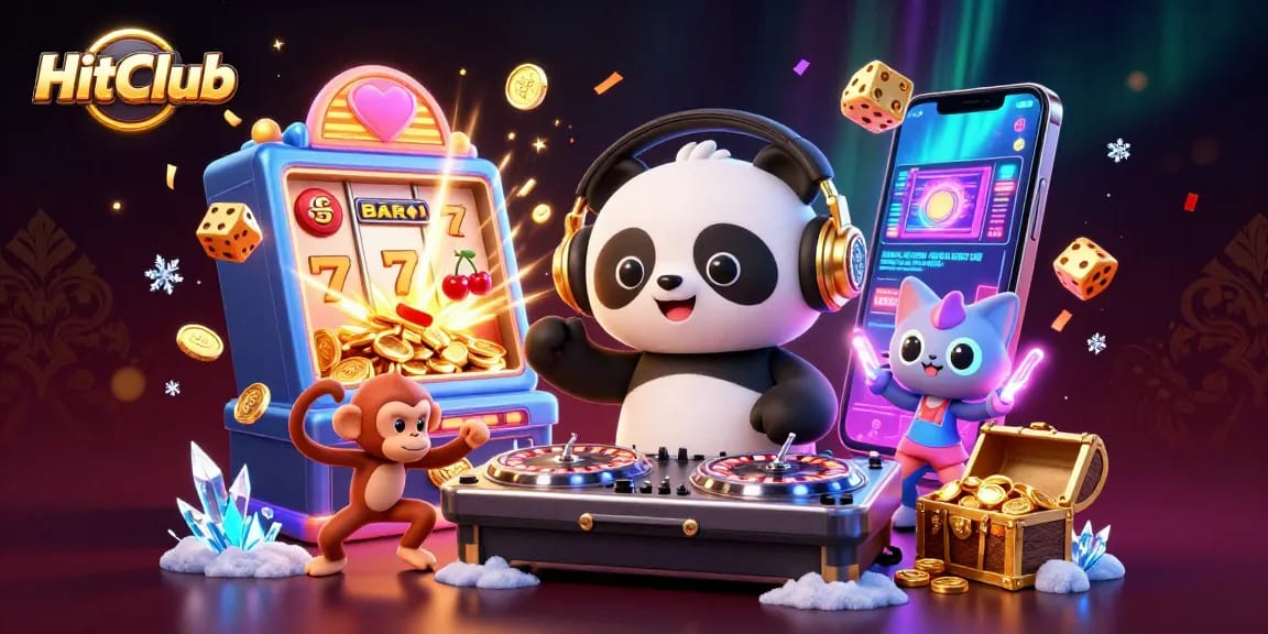Experience excitement at HitClub with a vibrant 3D illustration featuring a DJ panda, breakdancing monkey, and a kitten.