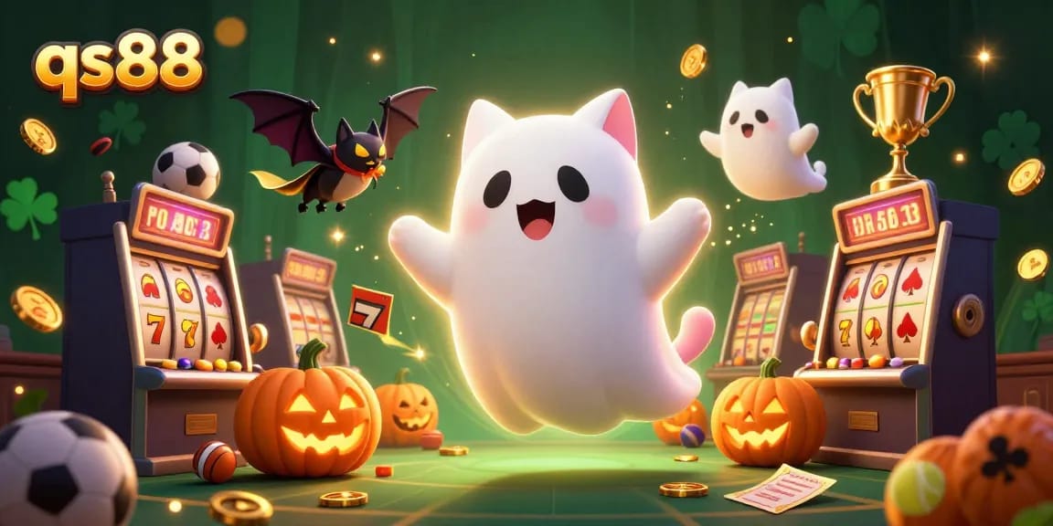 Engage in thrilling games at qs88 with a ghostly cat amid dazzling slot elements and sports excitement.