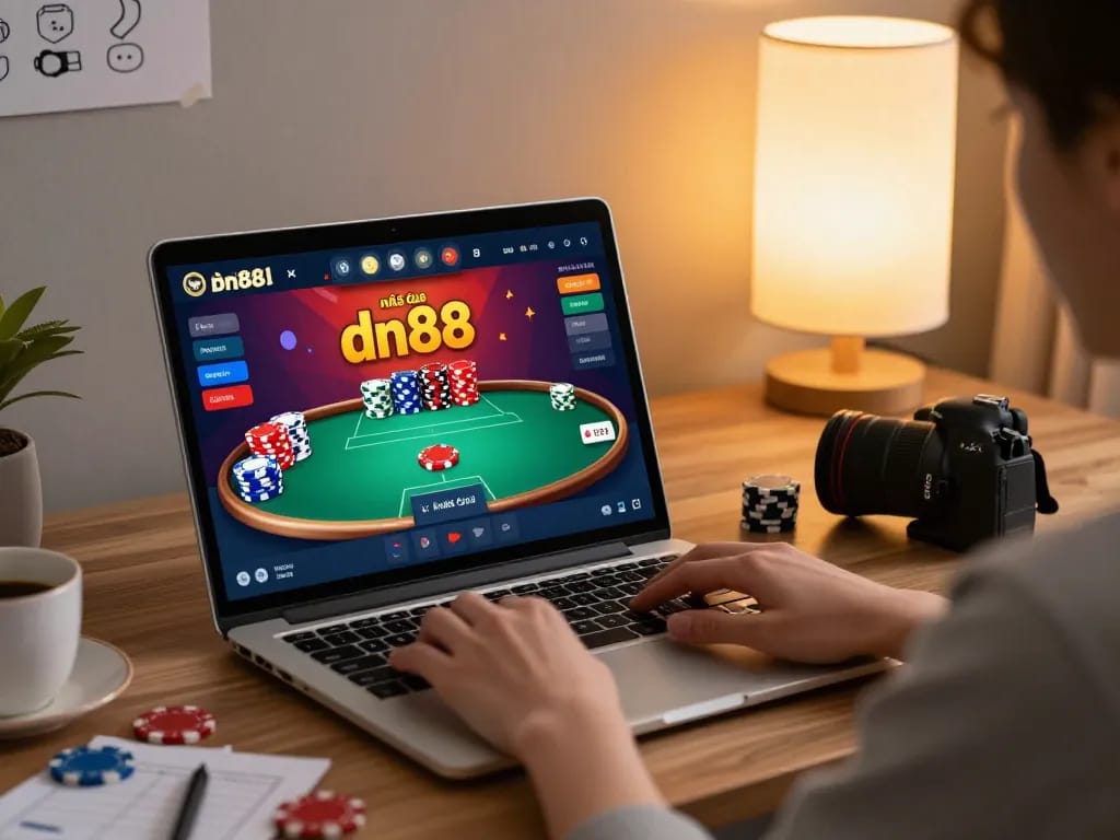 Player enjoying poker on nhà cái dn88 in a cozy home setting