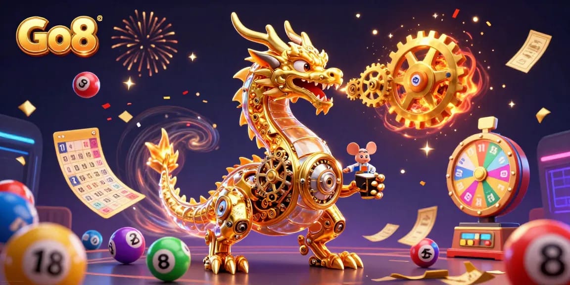 Engage in thrilling Go8 gaming action featuring a lively illustration of a golden dragon and game elements.