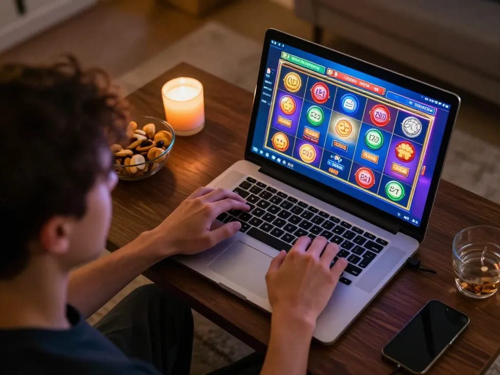 Player engaging with online slots at home, showcasing mm88bet platform with vibrant interface.