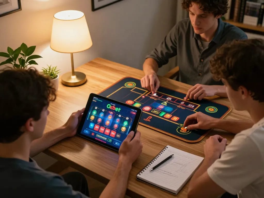 Oxbet players strategizing during an online casino session with vibrant gaming visuals