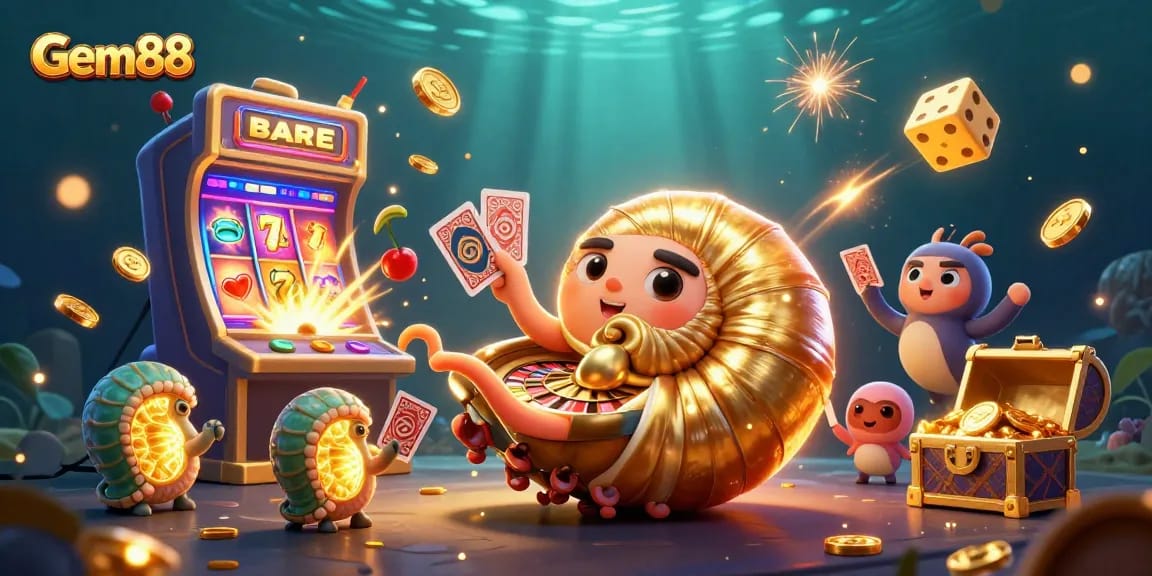 Experience Gem88's thrilling casino offerings with a dazzling 3D illustration capturing jackpot excitement.