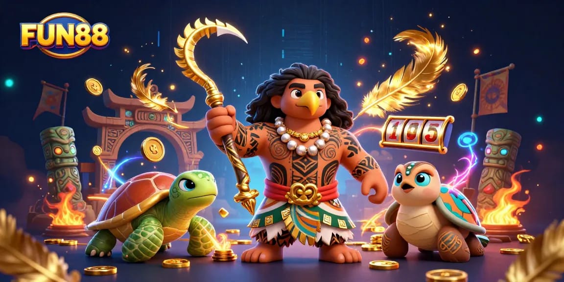 Play exciting games at FUN88 with a vibrant 3D casino illustration featuring dynamic characters and elements.