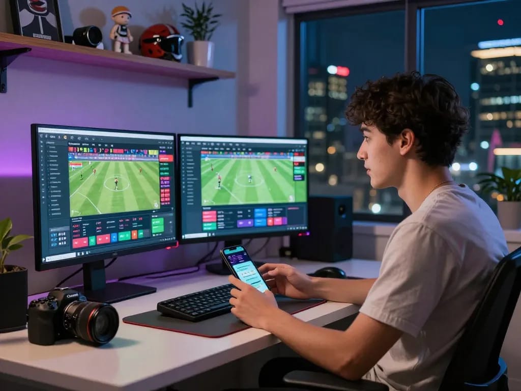 Engaged bettor analyzing odds for judi bola in a modern home office.