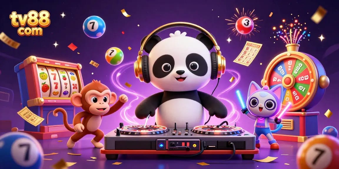 Join the excitement at tv88 com with a vibrant casino-themed party featuring animated characters and games.