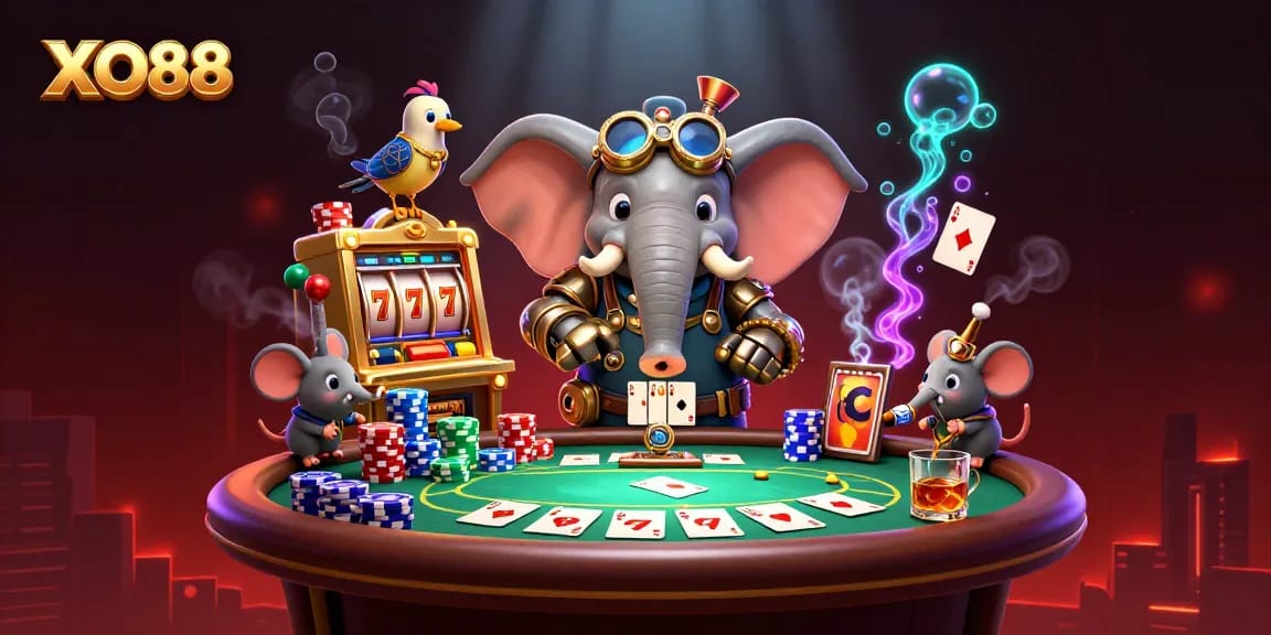 Spin the XO88 slot machine with excitement, featuring a whimsical steampunk elephant engineer.