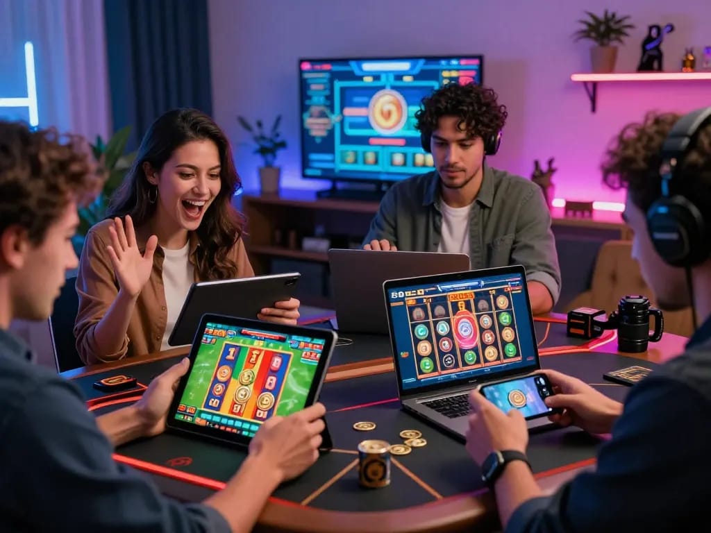 Engaging scene of players enjoying đánh lô online with tablets and laptops in a modern home setting.