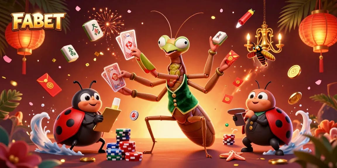 Experience exhilarating gameplay at FABET with vibrant casino characters and festive decorations.