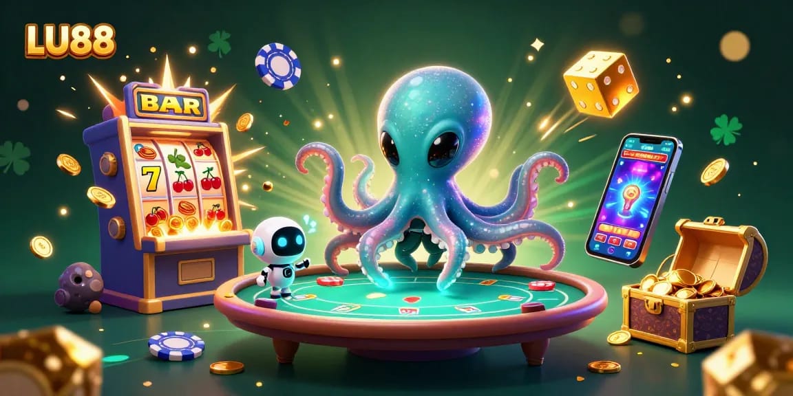 LU88 showcases an exciting scene with an alien octopus at a poker table amidst a slot machine explosion.