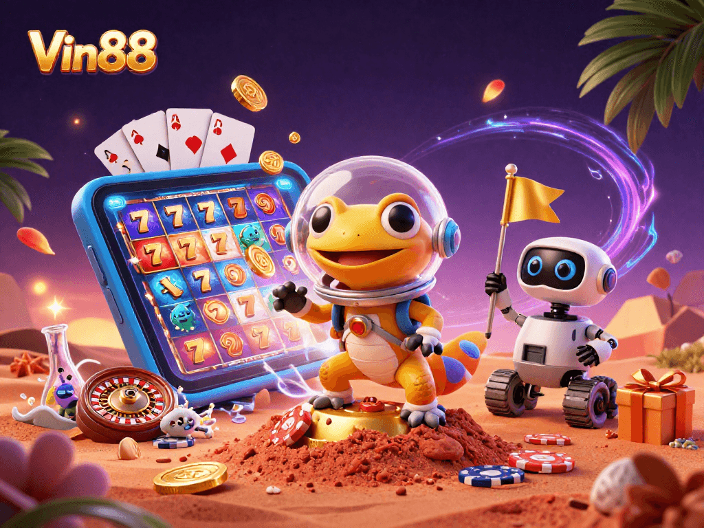Vin88 showcases a Martian gecko discovering a golden casino amidst vibrant gambling elements.