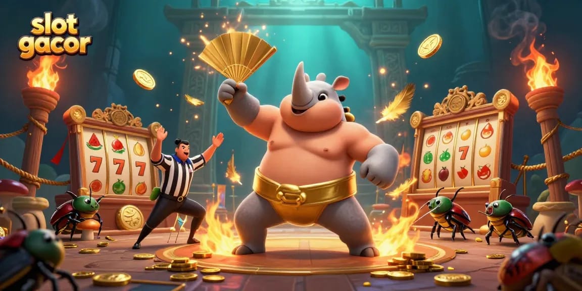 Engaging slot gacor scene showcasing a sumo beetle champion amidst flying coins and thrilling game elements.