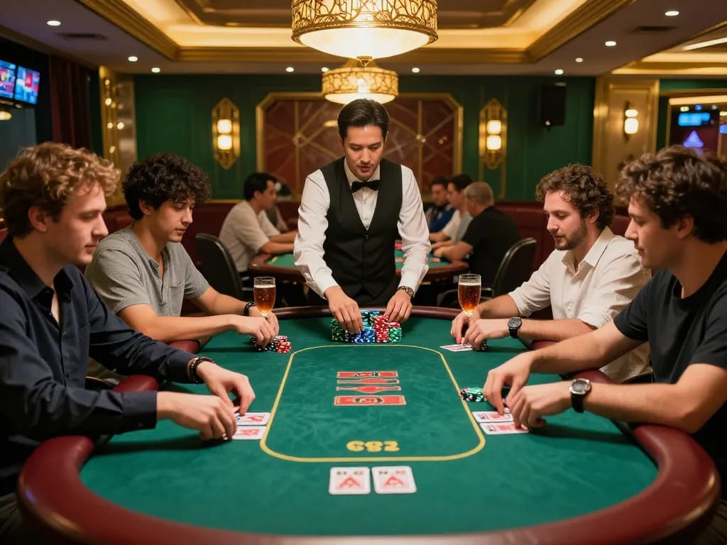 Players at five88 Casino enjoy an intense poker game with colorful chips and engaging atmosphere