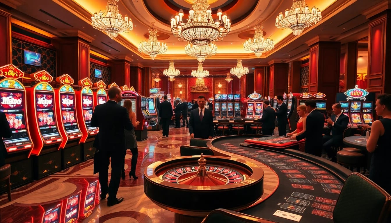 Experience the thrill of nổ hũ with vibrant slot machines in a luxurious casino setting.