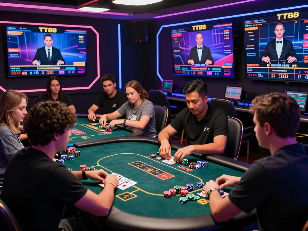Engaged players at TT88's online casino enjoying vibrant gaming experience with professional dealers.