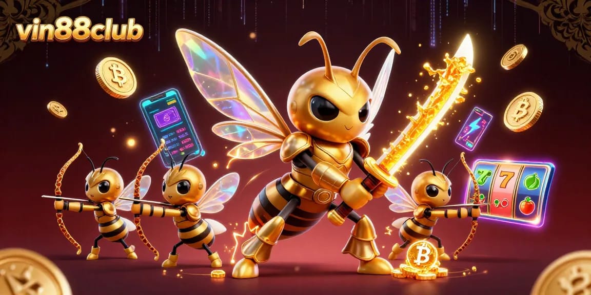 Engage with vin88club's vibrant casino scene featuring a golden hornet and crypto elements.