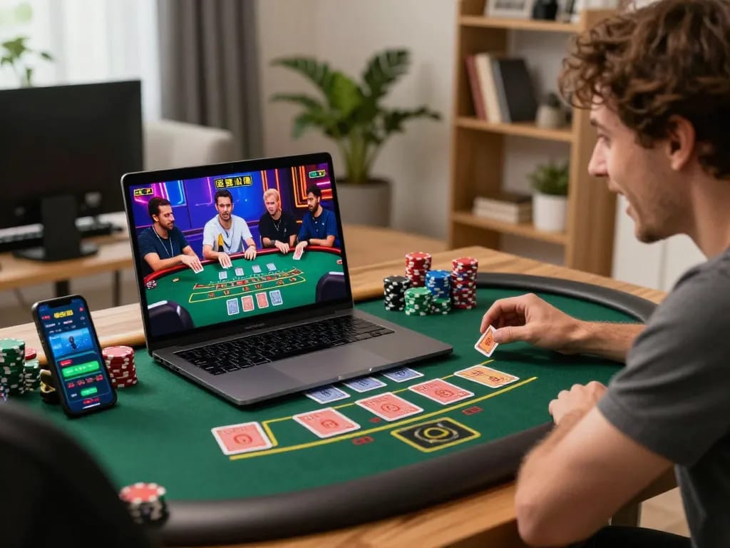 The excitement of online blackjack at aa88 with a player focused on their laptop, chips stacked, and smartphone app open.
