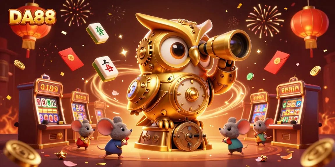 Experience the excitement of DA88 with golden owl overseeing lively casino action.