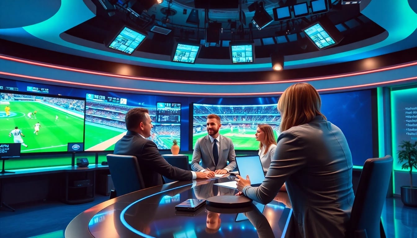 Engaging scene of sports broadcasting featuring presenters and live sports displays.