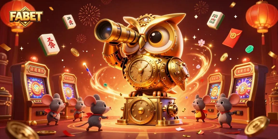 Experience the excitement of FABET's vibrant casino atmosphere with a dynamic scene of animated characters and colorful elements.