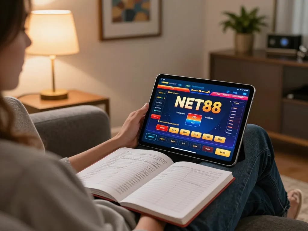 Person enjoying online casino gaming with NET88 on tablet, showcasing strategic gameplay in cozy home