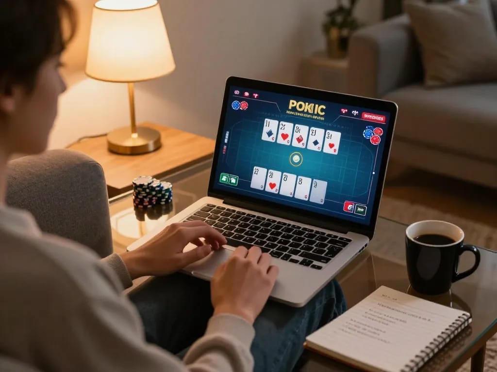 Player engaging in a strategic poker game online at home with sunwingo, focusing on cards and chips.