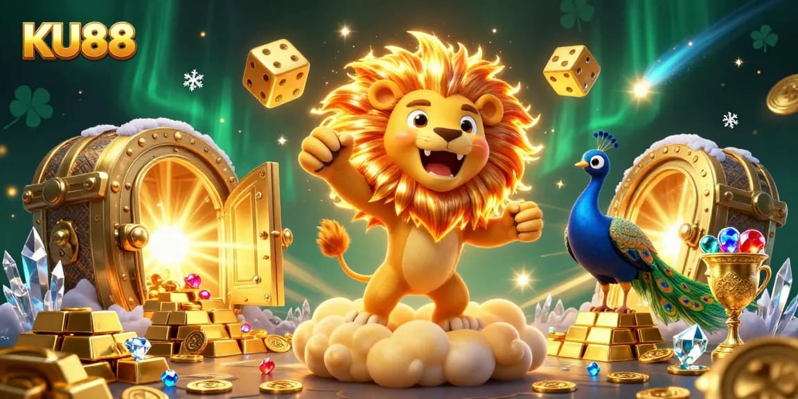 KU88 showcases a vibrant casino scene with a roaring lion, golden dice, and dazzling treasures.