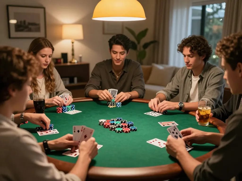 OnBet players enjoying a friendly poker night at home, cards and chips on table, warm atmosphere.
