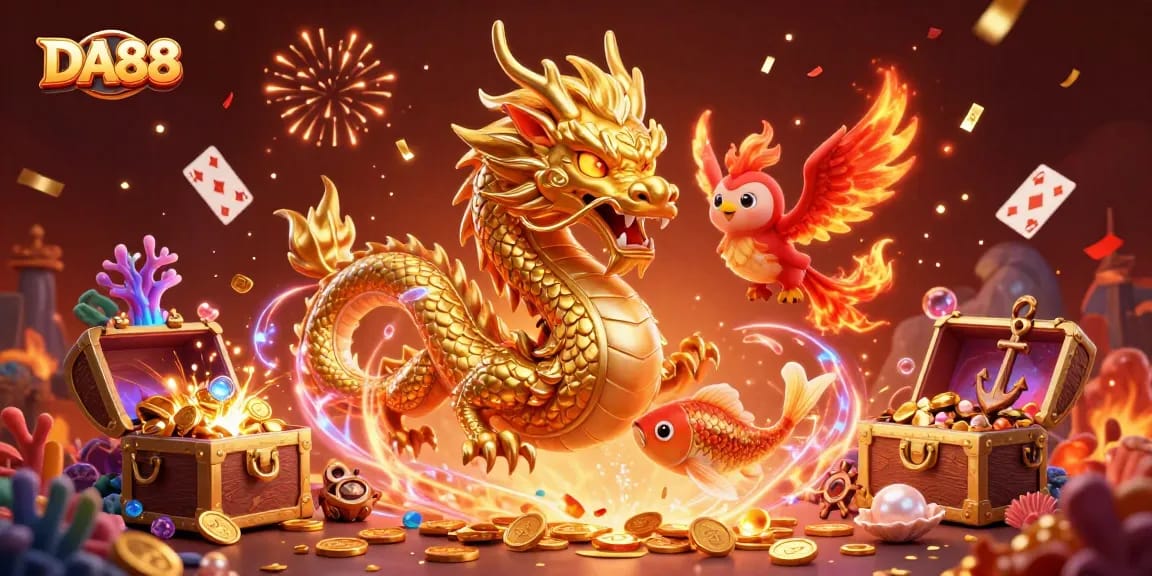 Experience the thrill of DA88 as the fierce dragon and phoenix dive through a cascade of coins.