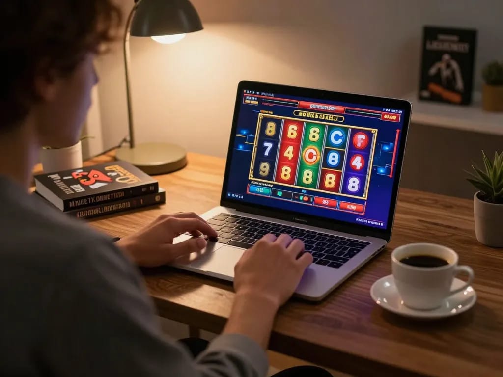 Engaged player exploring 32win online slots game on a laptop in a stylish home setting.