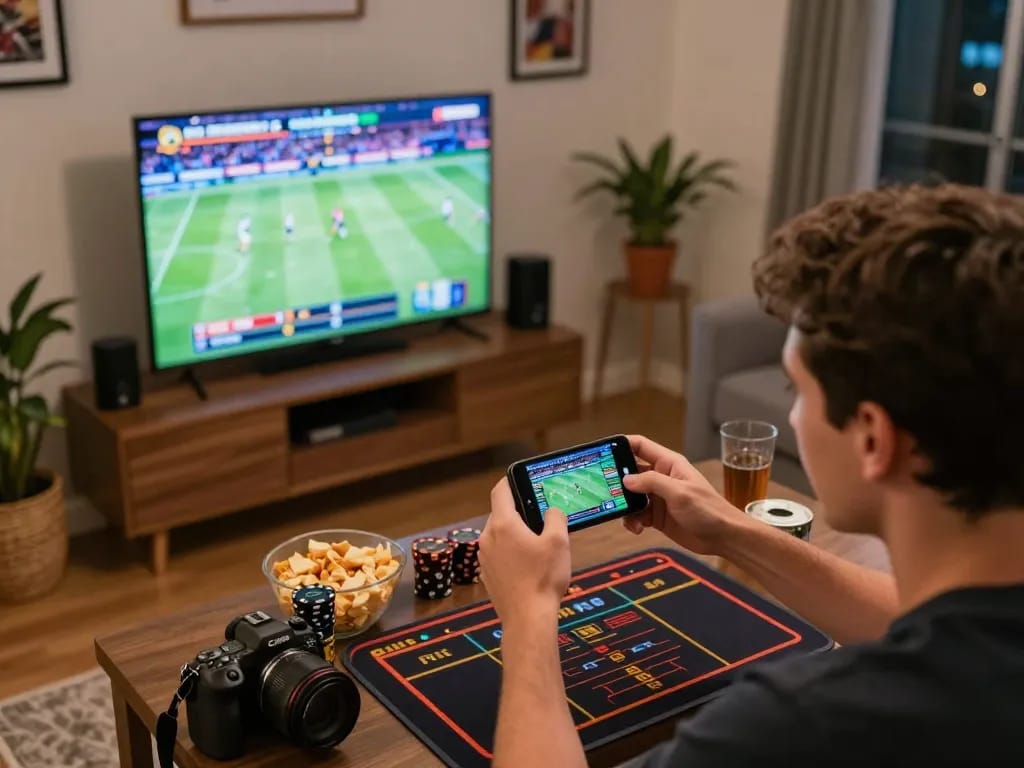 Engaged bettor excitedly wagering on sports using smartphone at home, showcasing sv368 - nhà cái uy tín số 1⃣ châu á sv368 experience.