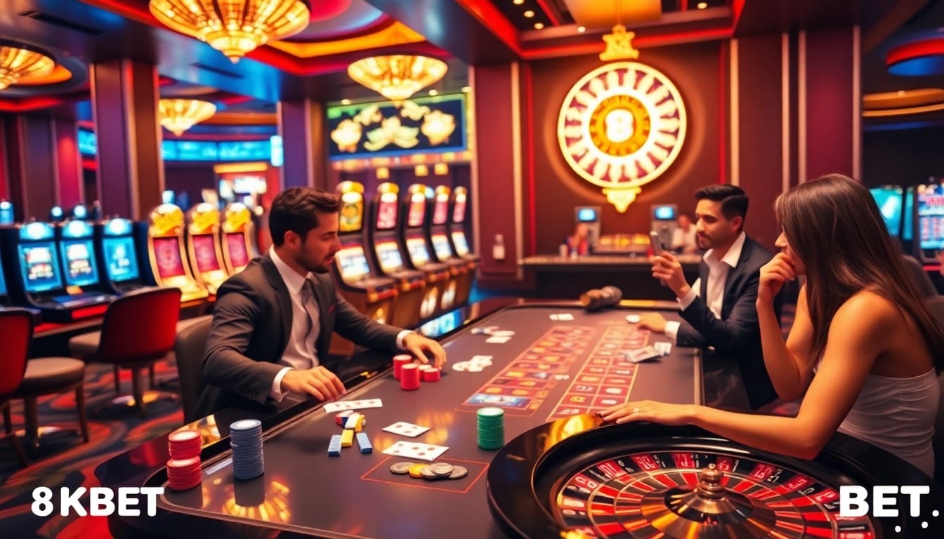 Action packed gaming experience at 8KBET with lively players and glamorous casino elements.