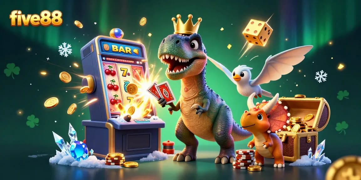 Experience five88 with a fun 3D casino scene featuring dinosaurs playing cards and jackpot symbols.