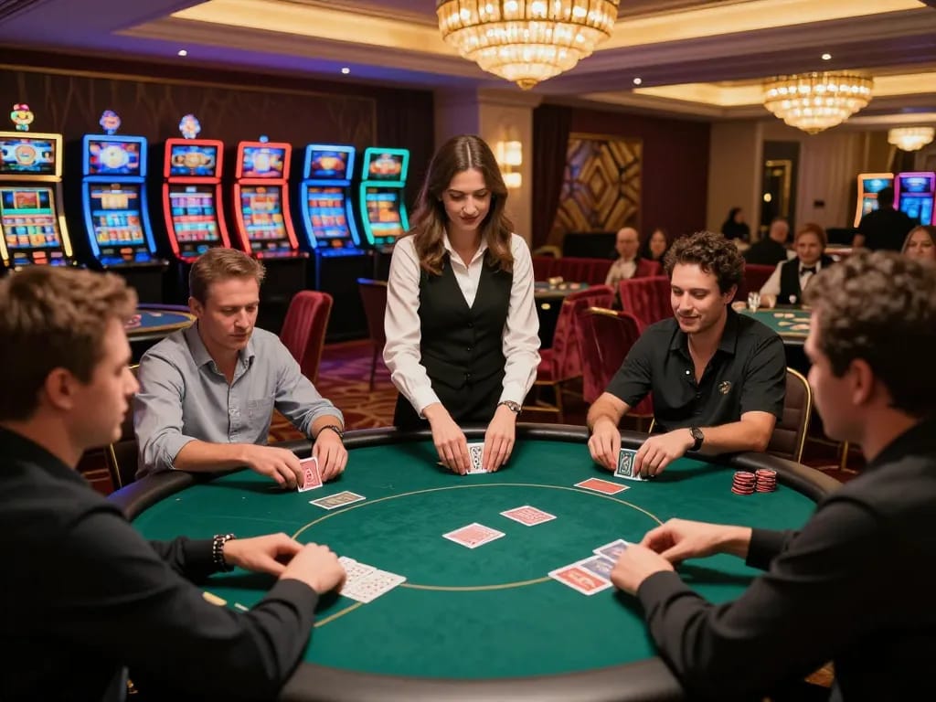 kp88 players enjoying poker at a luxury casino table, vibrant slot machines in background