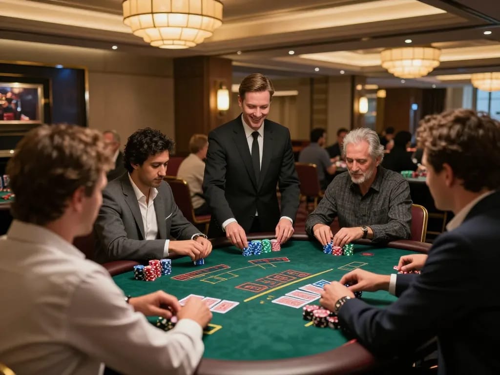 Players enjoying an exciting blackjack game at a casino table, with TA88 branding evident on chips and decor.