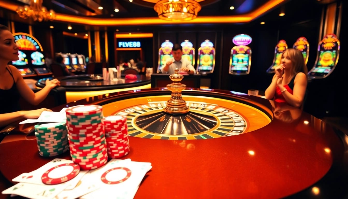 Experience excitement at five88 with a lively casino scene featuring poker chips and a roulette table.