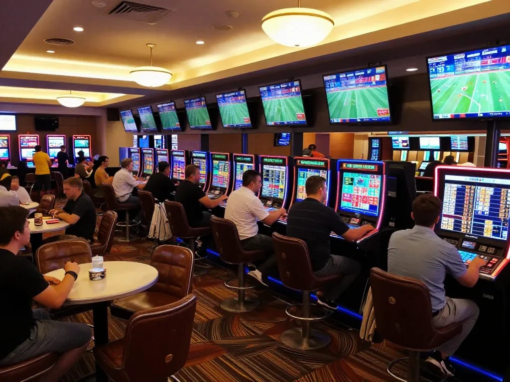 Engaging atmosphere at a sports betting lounge highlighting keonhacai action.