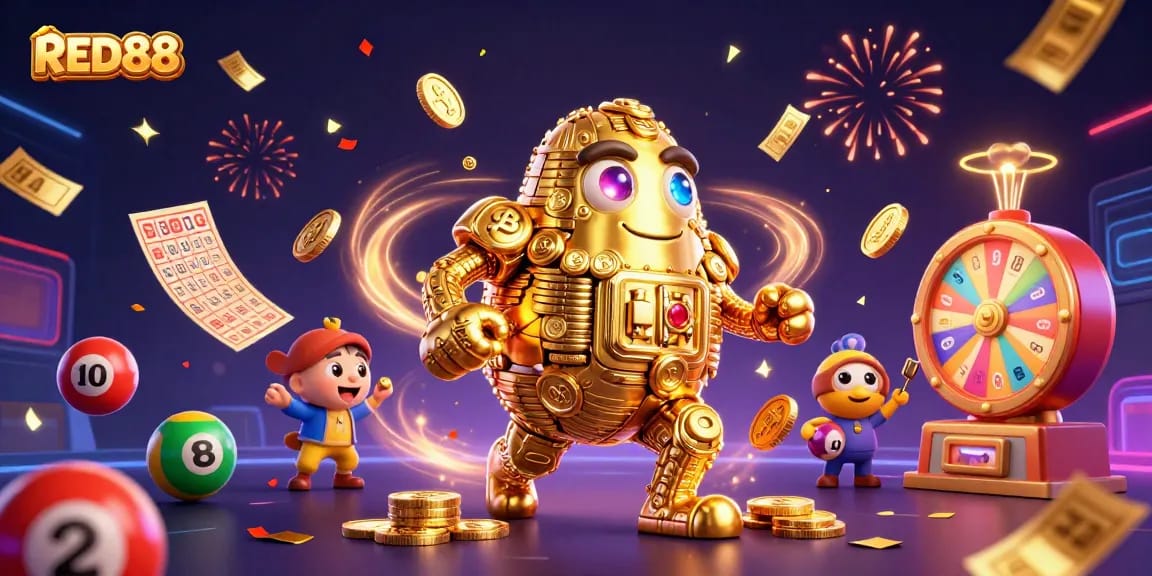 Experience the exciting world of RED88 with vibrant illustrations of casino games and a golden golem.