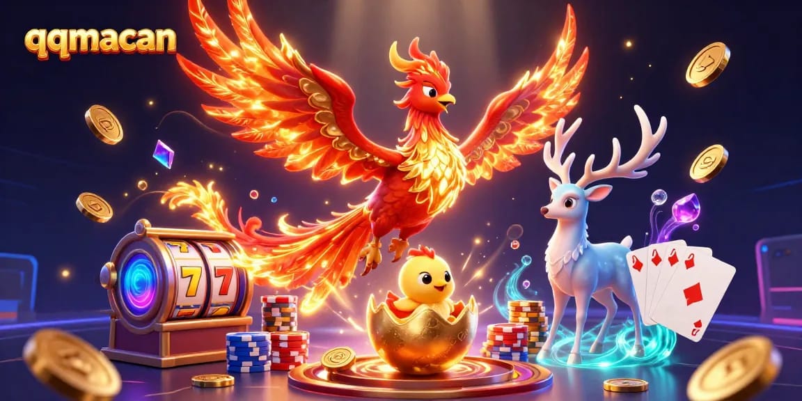 Experience the excitement of qqmacan with a vibrant 3D casino-themed phoenix scene filled with winning symbols!