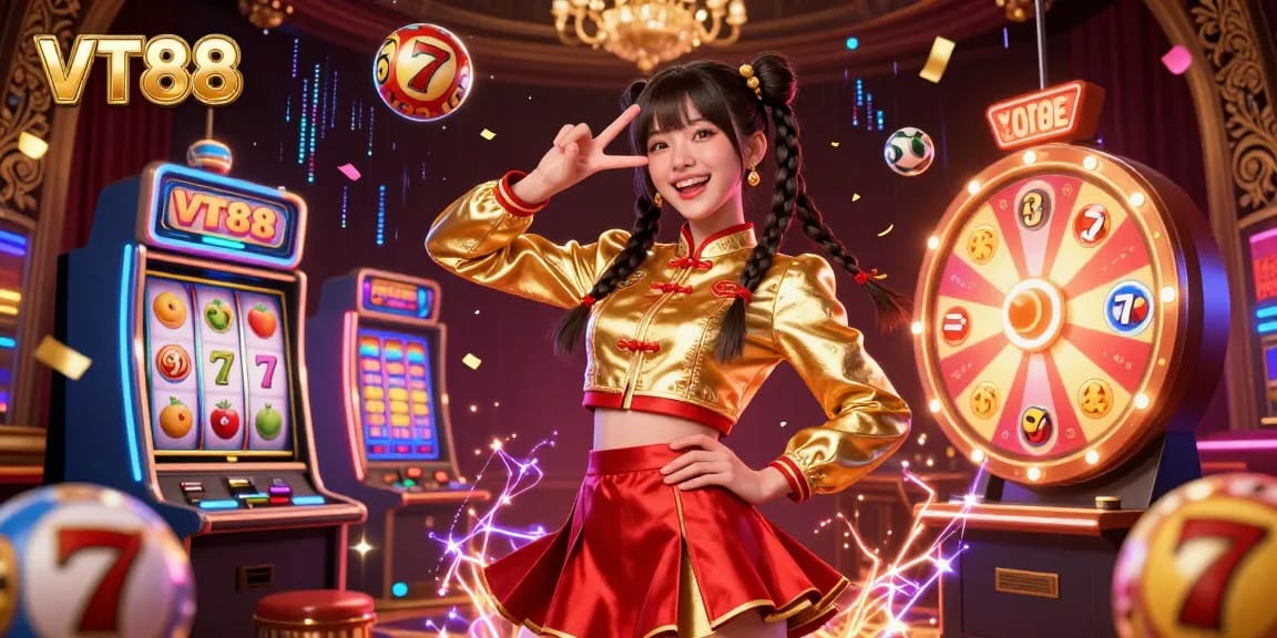 Experience exhilarating slots with VT88's vibrant interactive 3D illustration showcasing wins and fun.