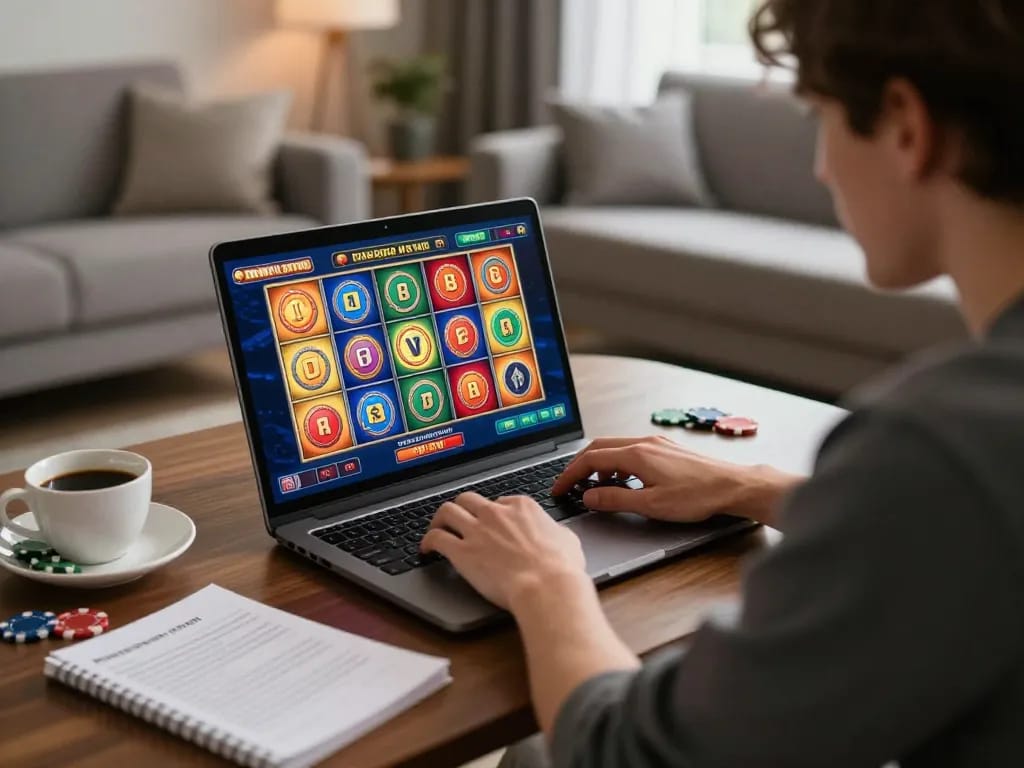 Enjoying an engaging online casino go8 experience from home, showcasing slot games and strategic preparations.