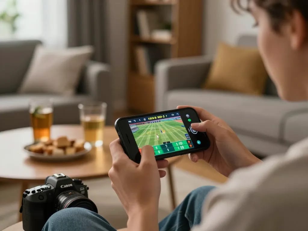 Experience thrilling sports betting on trang chủ F168 through a smartphone in a cozy living room.