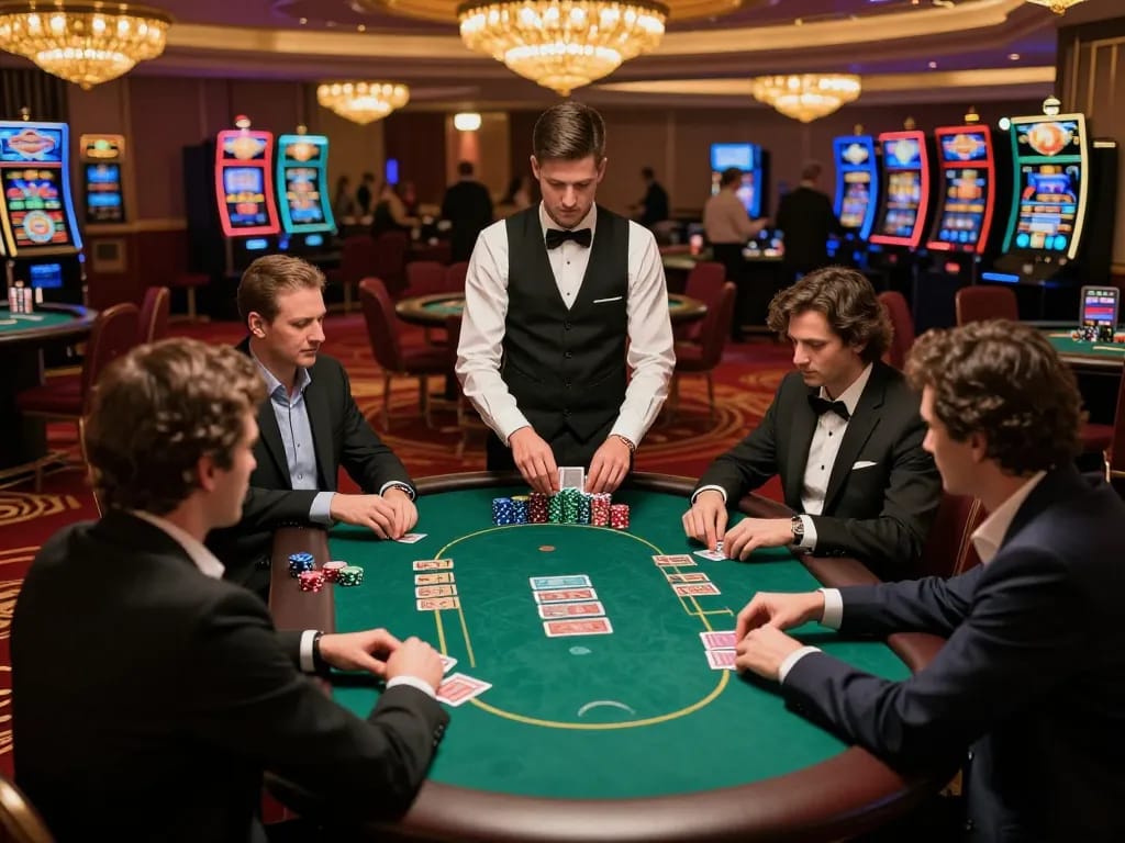 Players engaging in a strategic poker game at c168's upscale casino tables, showcasing intense competition