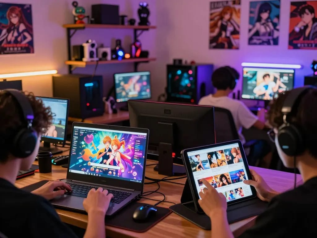Players enjoying diverse hentai games on laptops, tablets, and smartphones in a vibrant gaming space