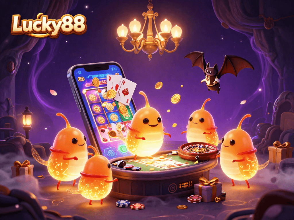 Experience the exciting ambiance of Lucky88 with glowworms lighting up a vibrant cave casino scene.