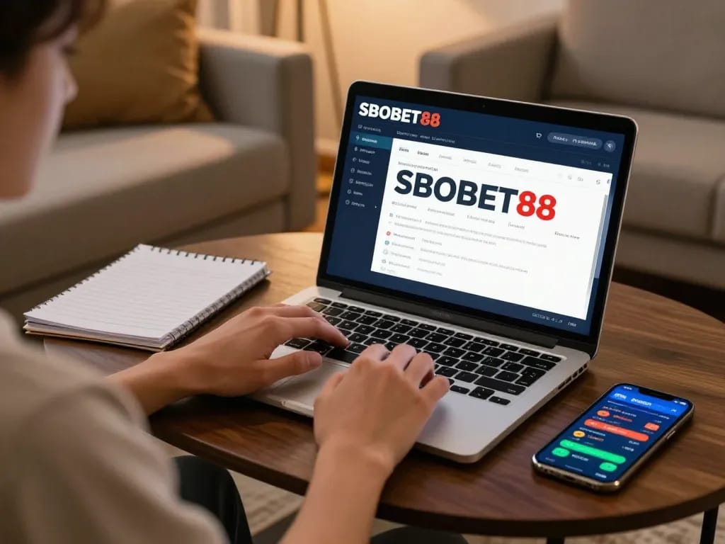 Pengguna SBOBET88 menjelajahi pilihan taruhan di laptop di ruang tamu yang nyaman.