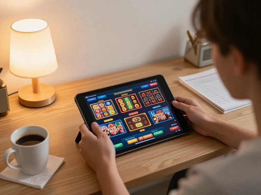 Players enjoying online games with NHÀ CÁI KKWIN on tablets in a cozy home setting