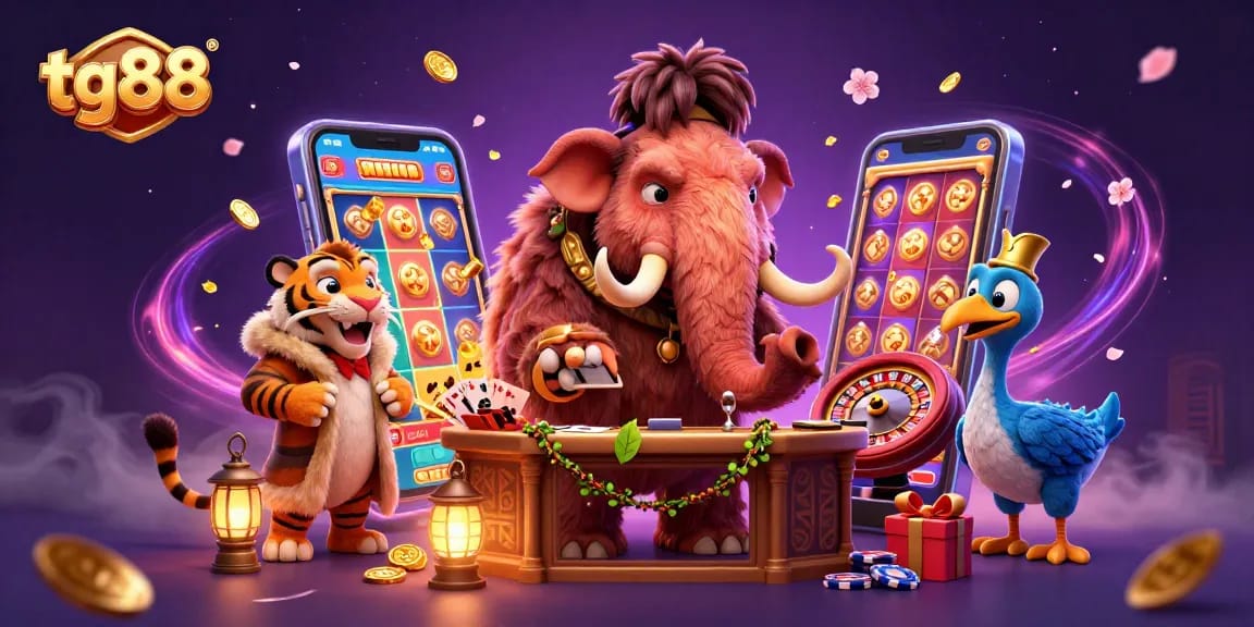 Experience thrilling games at tg88 with animated casino characters amidst vibrant, engaging elements.
