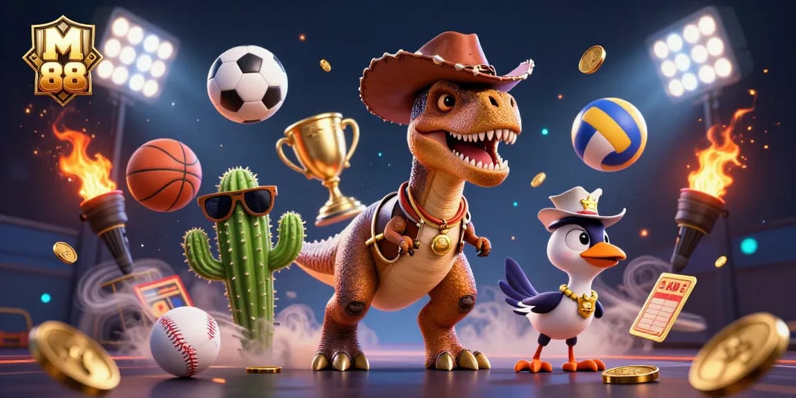 Engage in thrilling bets with M 88 in this vibrant 3D casino scene featuring dynamic sports elements.